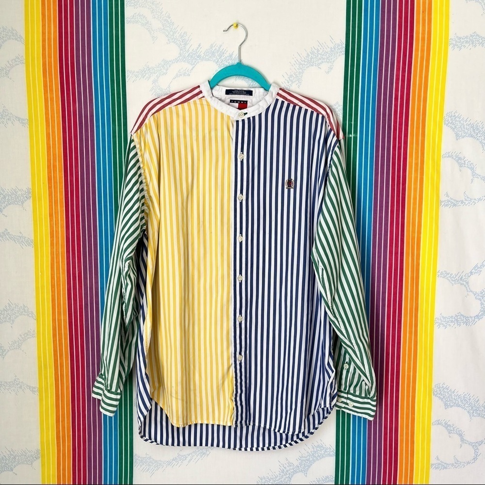 VINTAGE TOMMY HILFIGER colorblock stripe grandad collar oxford button down large - Picture 1 of 12